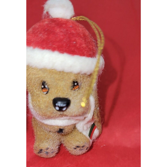 Vintage Morgan Inc Duffy Brown Dog Santa Hat Scarf Flocked Christmas Ornament - Picture 2 of 5